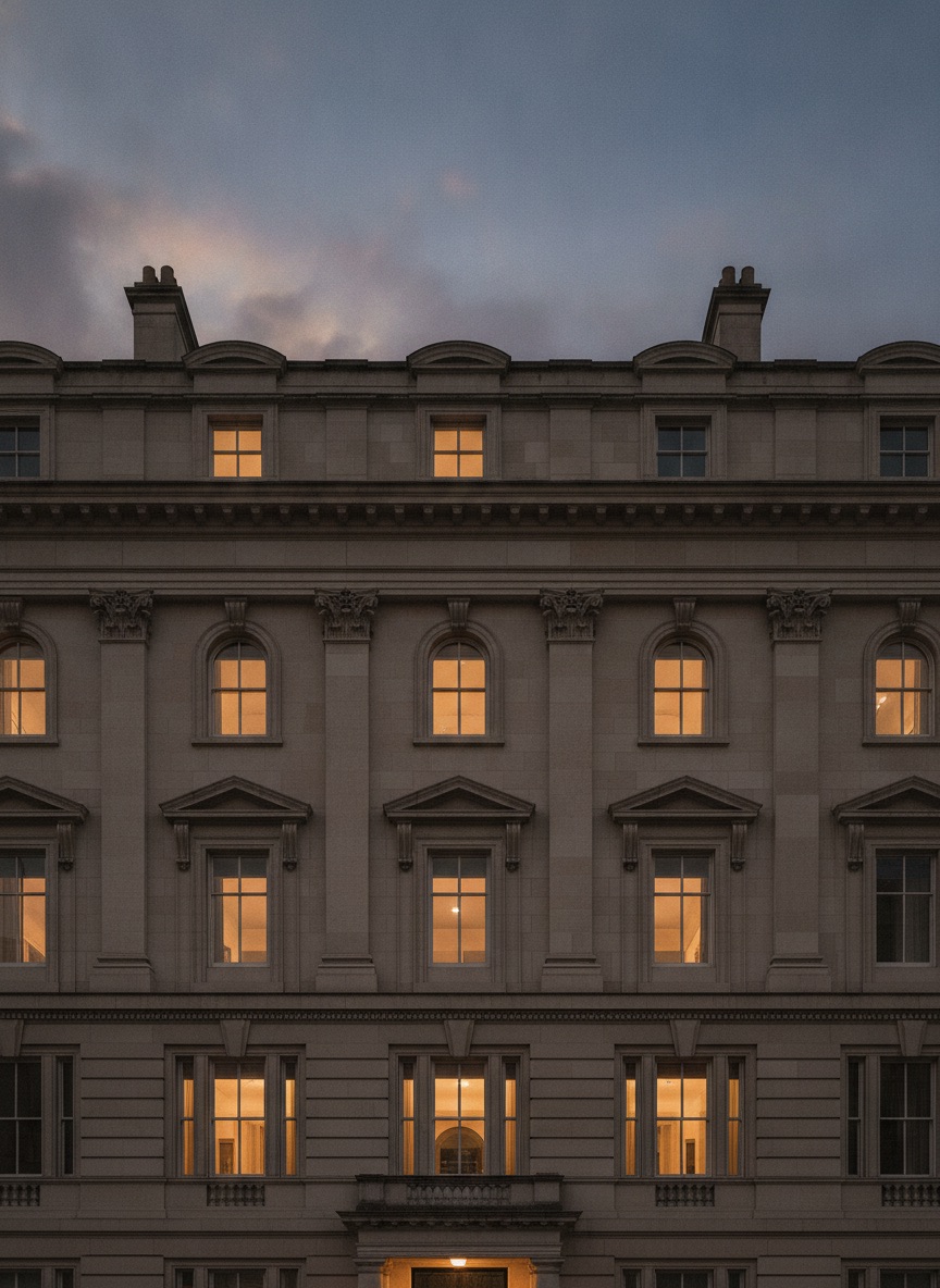 Historic European limestone facade at dusk