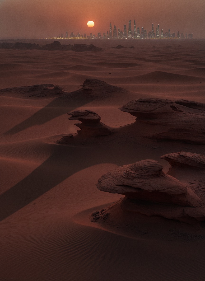 Desert rock formations at dusk with a skyline on the horizon